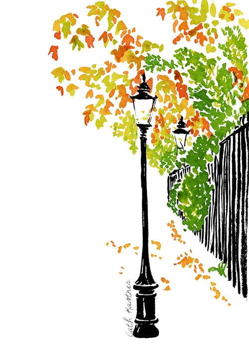 ink illustration of a lamppost and gate of a London park in autumn